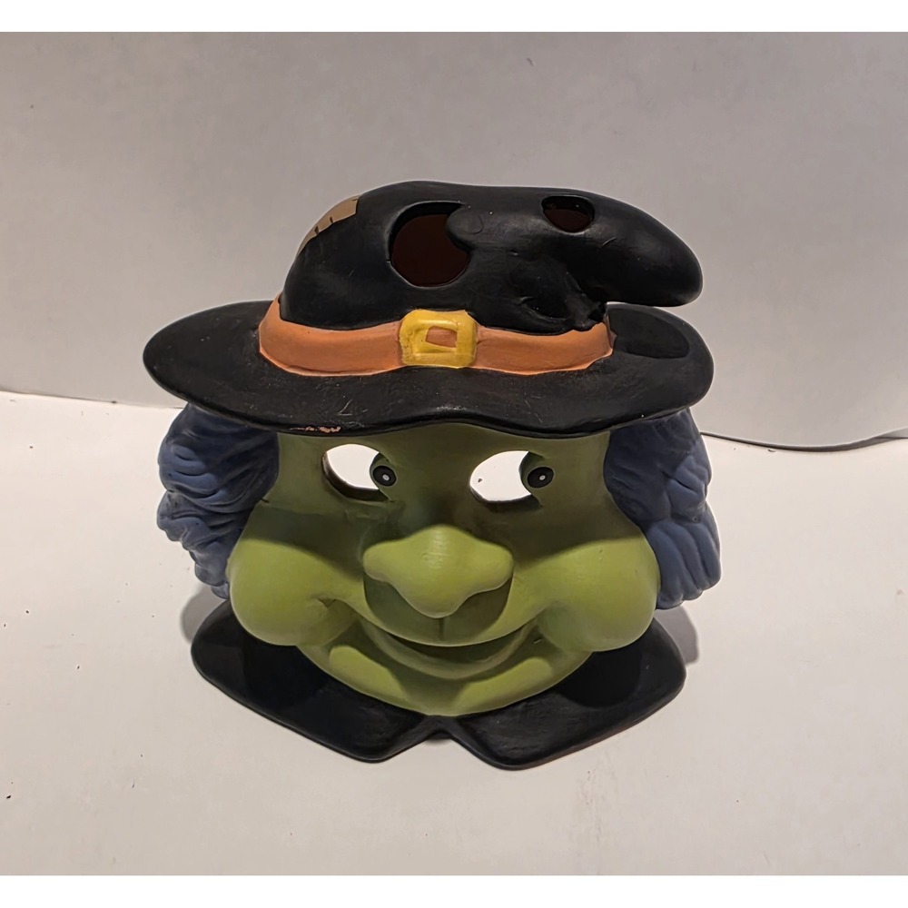 Vintage Halloween Witch Head Candle Holder Ceramic Green Face Black Hat Spooky